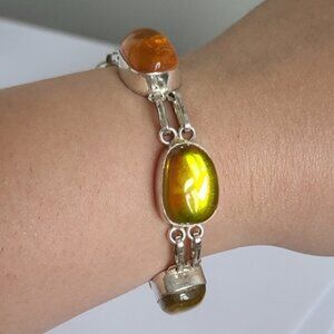 Vintage Boho Sterling Silver Yellow Rainbow Topaz Oval Chain Link Bracelet